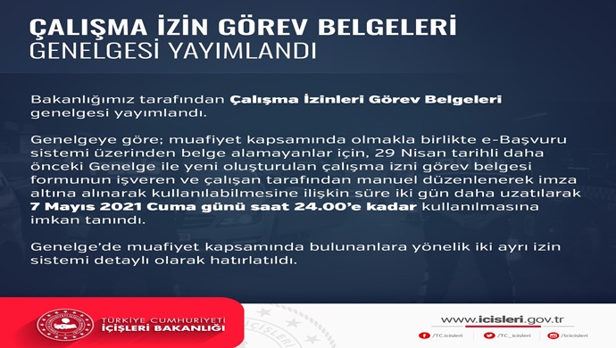 İçişleri Bakanlığı tarafından Çalışma İzinleri Görev Belgeleri genelgesi yayımlandı