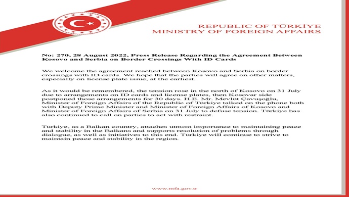 Press Release Regarding the Agreement Between Kosovo and Serbia on Border Crossings With ID Cards